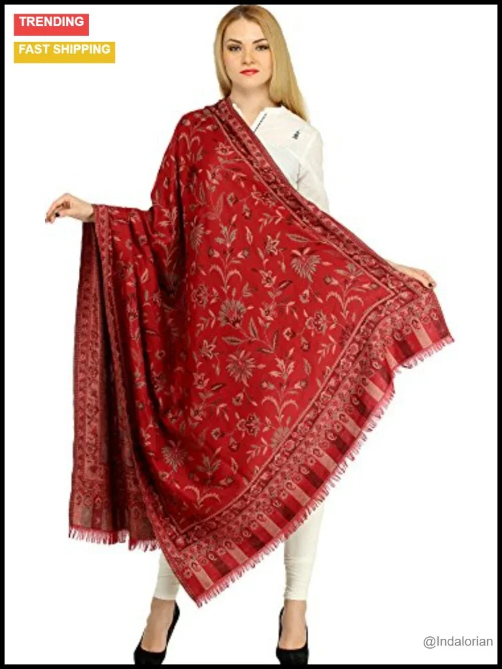 Reversible Jamawar Wool Shawl Floral Wrap Pashmina